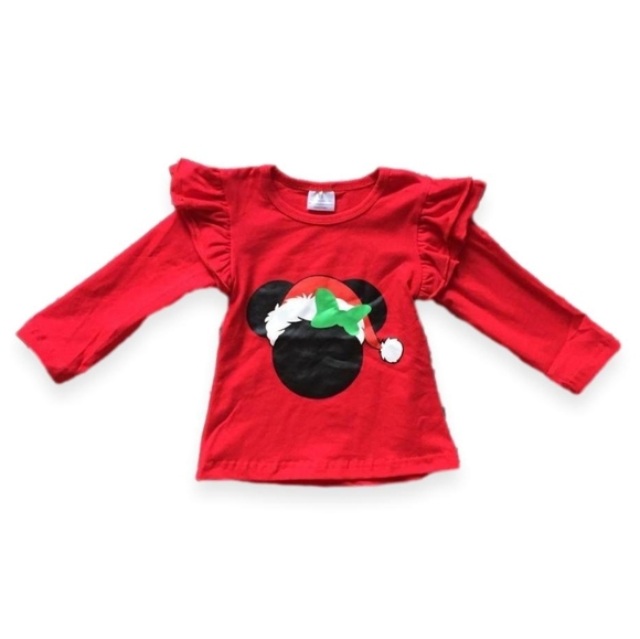 Girls Santa Hat Minnie inspired Ruffled Christmas Raglan Shirt - Picture 2 of 3